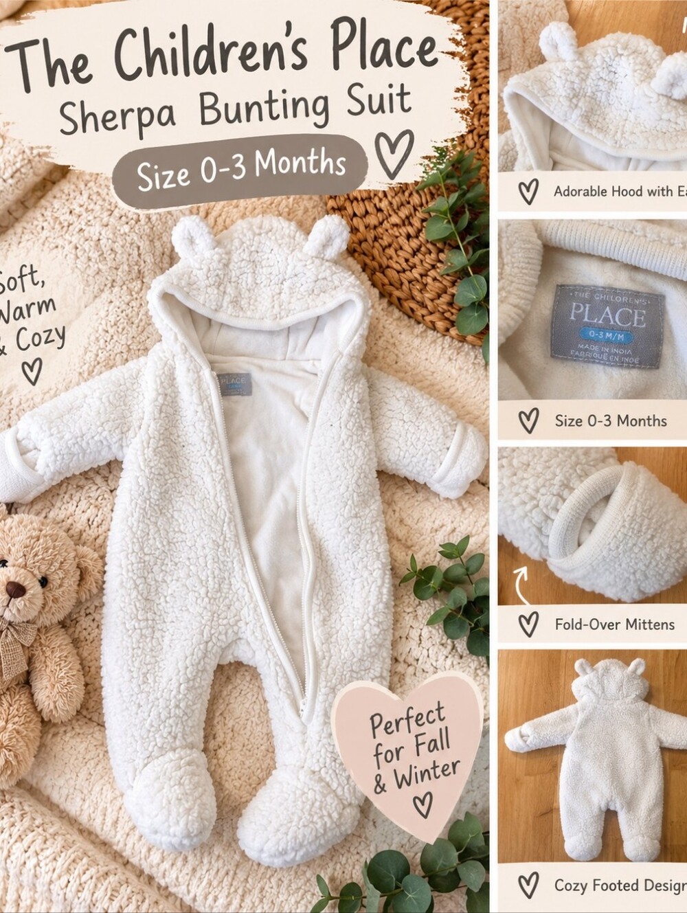 The Children's Place White Sherpa Hooded Teddy Bunting Suit